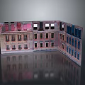 Vintage Multi Storey Corner Building Model With Colored Brick Walls And Windows