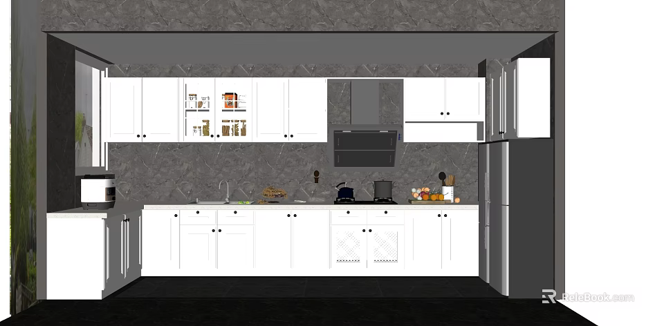 Modern White Kitchen Cabinets With Smooth Countertop Appliances Fresh Fruits And Cooking Utensils 3d model 