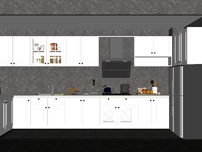 Modern White Kitchen Cabinets With Smooth Countertop Appliances Fresh Fruits And Cooking Utensils 3d model
