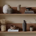 Natural Rustic Decorative Ornament Combination on Wooden Shelves with Vases Sculptures Books and Table Lamp