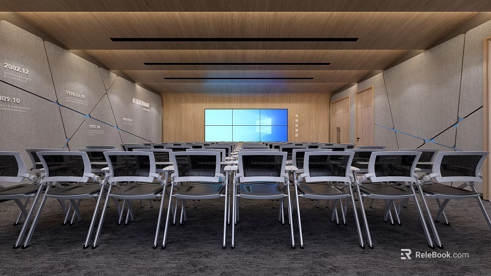 Modern Conference Room With Arranged Chairs Large Screen And Wooden Walls 3d model 