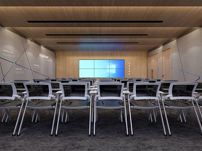 Modern Conference Room With Arranged Chairs Large Screen And Wooden Walls 3d model