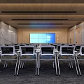 Modern Conference Room With Arranged Chairs Large Screen And Wooden Walls