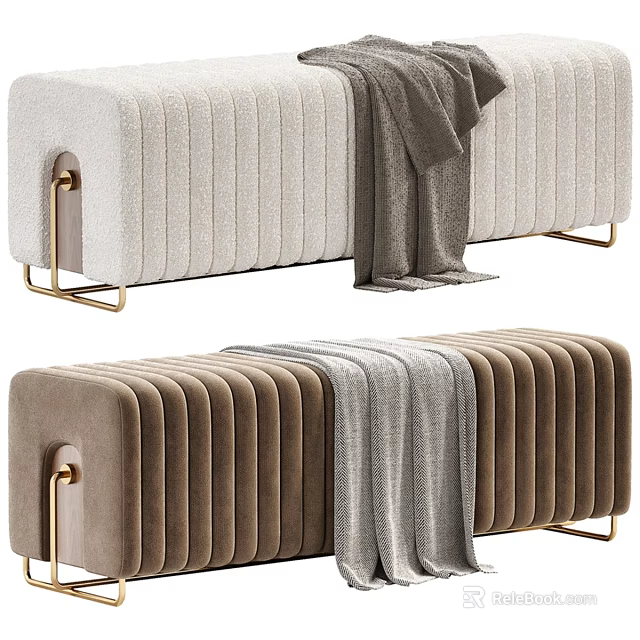 Light Gray Dark Brown Sofa Bench Vertical Tufted Design Gold Metal Legs Gray Throw Blanket 3d model 