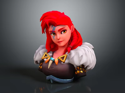 3D Fantasy Character Model With Red Hair Feather Shoulder Decor And Horn Accessories 3d model