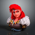 3D Fantasy Character Model With Red Hair Feather Shoulder Decor And Horn Accessories