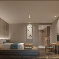 Elegant Modern Hotel Room Interior With Comfortable Bed Decorative Painting And Wooden Furniture
