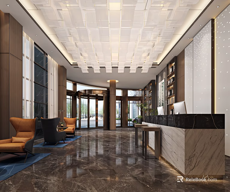 Modern Luxurious Hotel Lobby Interior With Marble Flooring Reception Desk And Unique Ceiling Design 3d model 