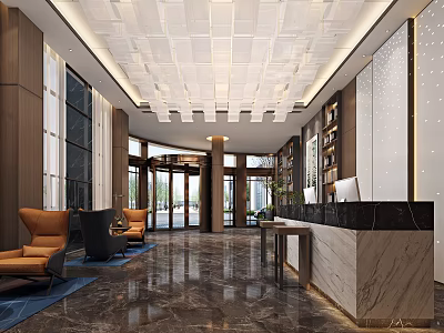 Modern Luxurious Hotel Lobby Interior With Marble Flooring Reception Desk And Unique Ceiling Design 3d model