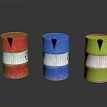 Colorful Oil Drums With Red Blue Green Hues White Stripes And Black Triangle Symbols