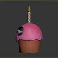 Pink Cupcake With Cartoon Face Eyes Eyelashes And Striped Candle With Yellow Flame