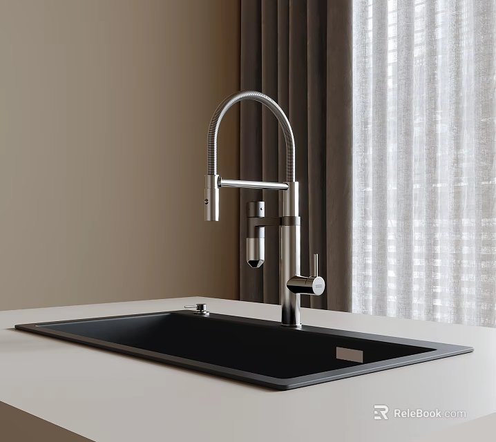 Modern Stainless Steel Kitchen Faucet with Curved Spout Over Black Sink on Light-Colored Countertop 3d model 