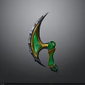 Fantasy Axe with Green and Gold Decorative Handle Sharp Serrated Blade and Ornate Details