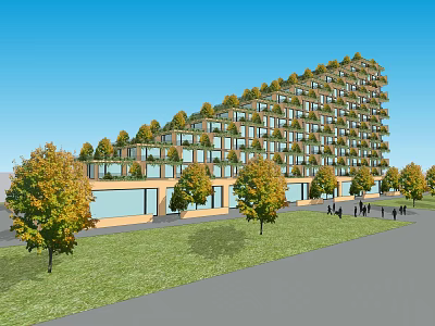 Modern High Rise Building With Vertical Gardens Green Facade Surrounded By Trees Grass And Pedestrians 3d model