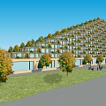 Modern High Rise Building With Vertical Gardens Green Facade Surrounded By Trees Grass And Pedestrians