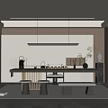 Elegant Modern Tea Room Interior With Wooden Tea Table Benches Hanging Lights And Tea Sets