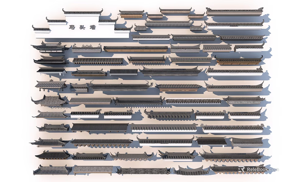 A Collection of Traditional Chinese Horse Head Wall Architectural Components 3d model 