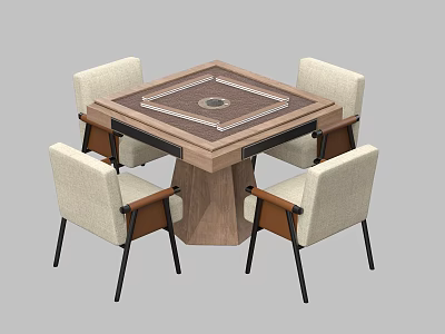 Square Wooden Dining Table Set With Four Fabric Seated Chairs And Circular Center Design 3d model