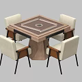 Square Wooden Dining Table Set With Four Fabric Seated Chairs And Circular Center Design