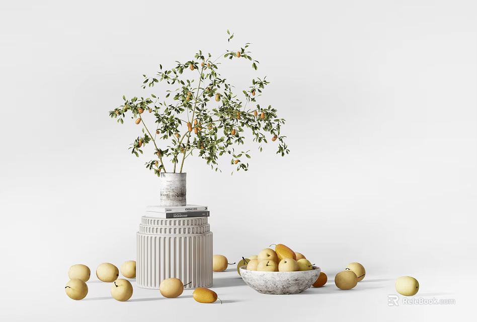 Decorative Ceramic Vase with Plant and Bowl Holding Yellow Fruits on Pedestal and Scattered Fruits 3d model 