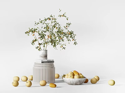 Decorative Ceramic Vase with Plant and Bowl Holding Yellow Fruits on Pedestal and Scattered Fruits 3d model