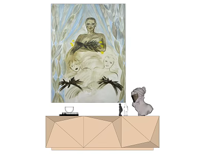 Artistic Home Decor Featuring Painting Central Figure Two Children On Geometric Cabinet Decorative Figurine Cup 3d model