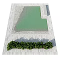 Waterfront Landscape Design With Green Water Area Gray Stone Pavement And Neat Shrubs