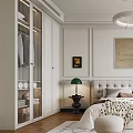 Elegant Bedroom Interior With White Walls Decorative Ceiling Upholstered Headboard Striped Rug And Green Plants