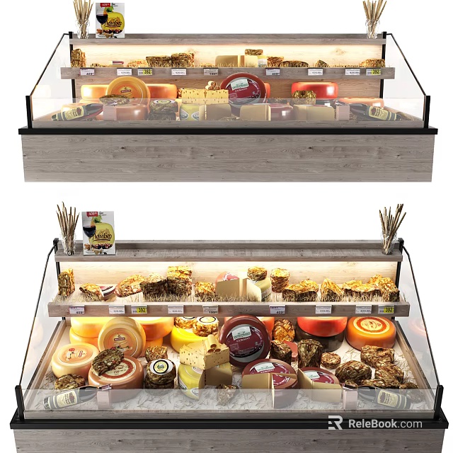 Retail Display Shelves With Glass Front Showcasing Various Cheeses And Baked Goods 3d model 