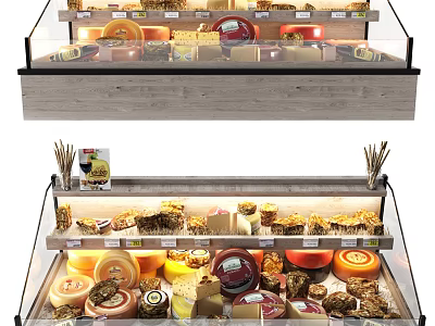 Retail Display Shelves With Glass Front Showcasing Various Cheeses And Baked Goods 3d model