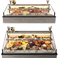 Retail Display Shelves With Glass Front Showcasing Various Cheeses And Baked Goods
