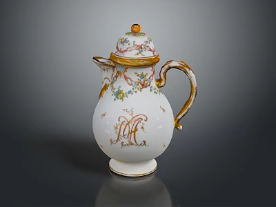Decorative Ceramic Jug With Gold Accents Floral Patterns Ornate Lid And Monogram Design 3d model