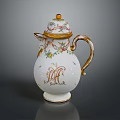 Decorative Ceramic Jug With Gold Accents Floral Patterns Ornate Lid And Monogram Design