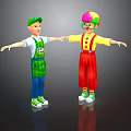 Animated Boy With Green Cap And Clown With Colorful Hair In Overalls Stretching Arms