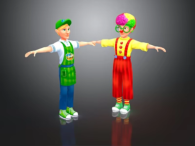 Animated Boy With Green Cap And Clown With Colorful Hair In Overalls Stretching Arms 3d model