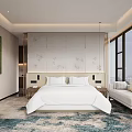Modern Hotel Guest Room Interior With Large Bed Floor to Ceiling Windows TV City View