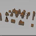 Miniature Buildings With Orange Roofs And Various Shapes On Grey Background