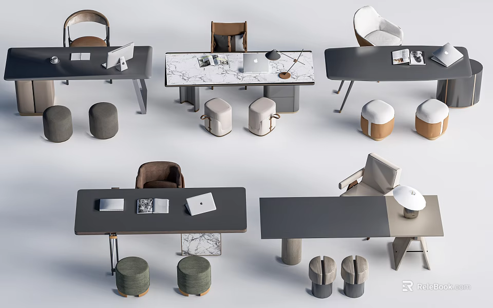 Modern Desk Interior Design With Wooden Tops Metal Legs And Chairs Stools 3d model 