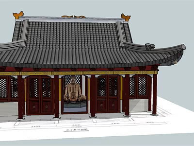 Traditional Chinese Ancient Architecture With Tiled Roof Overhanging Eaves Red Pillars And Stone Statue 3d model