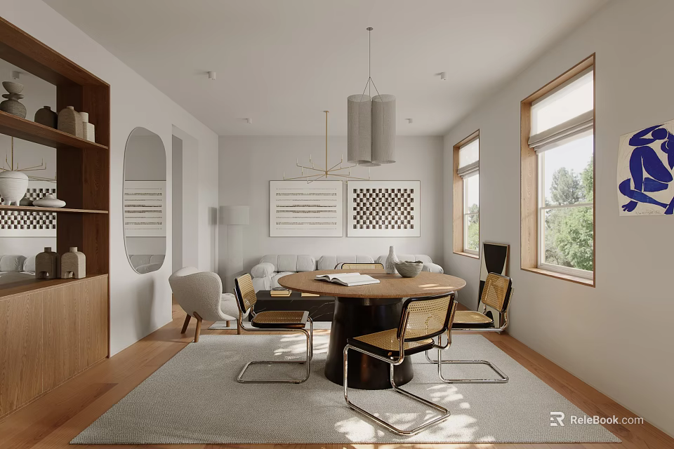 Modern Minimalist Dining Room with Round Dining Table Pendant Lights Chairs and Wooden Cabinet 3d model 