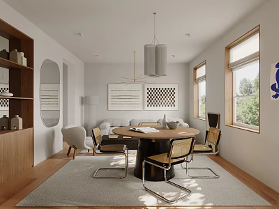Modern Minimalist Dining Room with Round Dining Table Pendant Lights Chairs and Wooden Cabinet 3d model