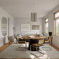 Modern Minimalist Dining Room with Round Dining Table Pendant Lights Chairs and Wooden Cabinet