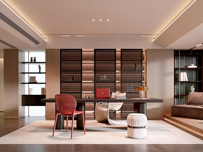 Modern Office Interior Design With Executive Desk Red Chair Bookshelves And Recessed Lighting 3d model