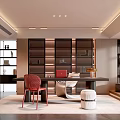 Modern Office Interior Design With Executive Desk Red Chair Bookshelves And Recessed Lighting