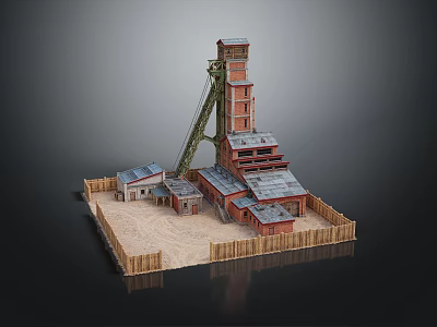 Red Brick Industrial Building Complex With Tall Tower Connected Roofs And Wooden Fence 3d model