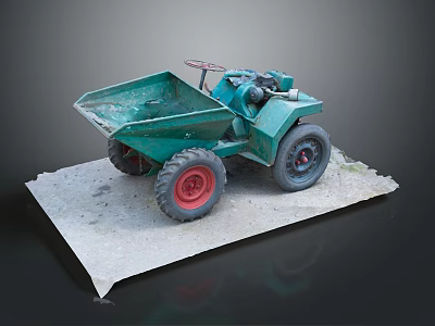Green Small Utility Dumper Vehicle with Red Wheels Tipping Bucket and Engine on Platform 3d model