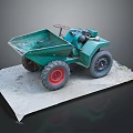 Green Small Utility Dumper Vehicle with Red Wheels Tipping Bucket and Engine on Platform