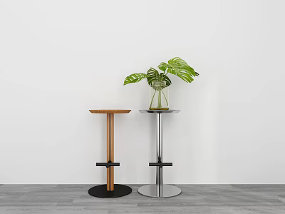 Stylish Wooden And Metal Bar Stools With Green Plant Vase Against White Wall Gray Floor 3d model