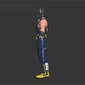 3D Male Warrior Character With Black Hair Blue Outfit Mechanical Arm And Yellow Shoes