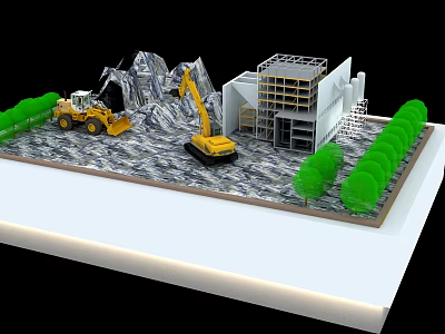 Construction Model Scene With Excavator Bulldozer Under Construction Building Rock Formation And Green Trees 3d model